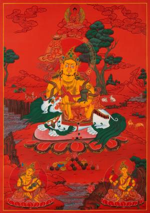 Namtose Thangka with red background | Original Hand Painted Wealth Deity | Buddhist Religious Wall Decor Painting | Tibetan Buddhism Art